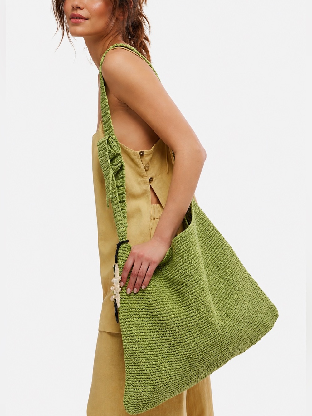 Free People Green Straw Tote w/ removable pouch and bag charms